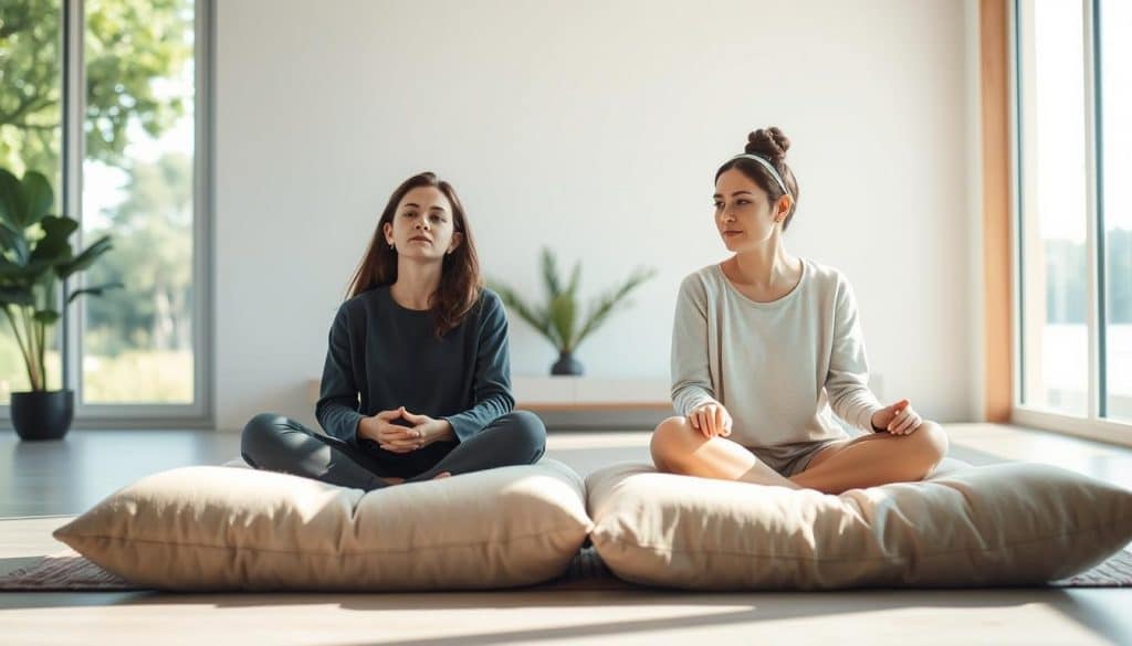 A serene and contemplative mediation session between two individuals during a separation, with natural lighting filtering through large windows. The foreground features two people sitting cross-legged on soft, plush cushions, their expressions calm and introspective as they engage in thoughtful discourse. The middle ground showcases a minimalist, modern interior design with clean lines and muted colors, creating a soothing and tranquil atmosphere. The background blends peaceful outdoor scenery, such as lush greenery or a calming body of water, adding to the sense of serenity and introspection. The overall composition conveys a sense of emotional resolution, guidance, and a journey towards healing during a challenging separation.