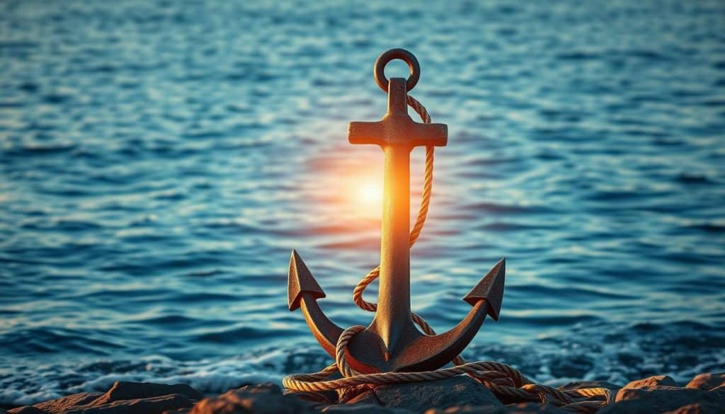 A serene and contemplative scene of a lifesaving anchor, symbolizing the emotional support a man seeks after a relationship ends. The anchor stands firmly against a backdrop of calm, deep blue waters, casting a warm, golden glow from a low-angled sun. Moored to the rocky shore, the anchor's solid, reassuring form provides a sense of security and refuge. Gentle waves lap at the shore, creating a soothing, meditative atmosphere. The anchor's intricate details, from its weathered metal to the rope coiled around it, are rendered with meticulous precision, conveying a profound sense of reliability and steadfastness. This image captures the essence of the "Rettungsanker" - a metaphorical lifeline that helps a man navigate the turbulent waters of a relationship's end.