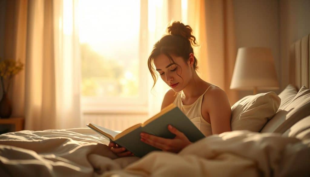 A serene bedroom scene, bathed in warm, soft lighting that creates a calming, therapeutic atmosphere. In the foreground, a person engrossed in a book, their facial expression reflecting a sense of focus and tranquility. The middle ground features a plush, comfortable-looking bed, representing the importance of rest and relaxation for mental well-being. In the background, a window overlooking a lush, verdant landscape, symbolizing the connection between nature and psychological health. The overall composition conveys a sense of harmony, balance, and the power of the mind to find peace and rejuvenation.