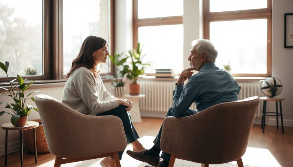 A serene counseling session in a warm, sun-drenched office. A thoughtful therapist sits across from a contemplative client, their expressions conveying empathy and understanding. Soft natural light filters through large windows, casting a calming glow on the scene. The room is tastefully decorated with neutral tones, plants, and minimal artwork, creating an atmosphere of comfort and professionalism. The therapist's posture is open and attentive, while the client appears at ease, engaged in a meaningful dialogue. The overall mood is one of trust, support, and the pursuit of psychological well-being.