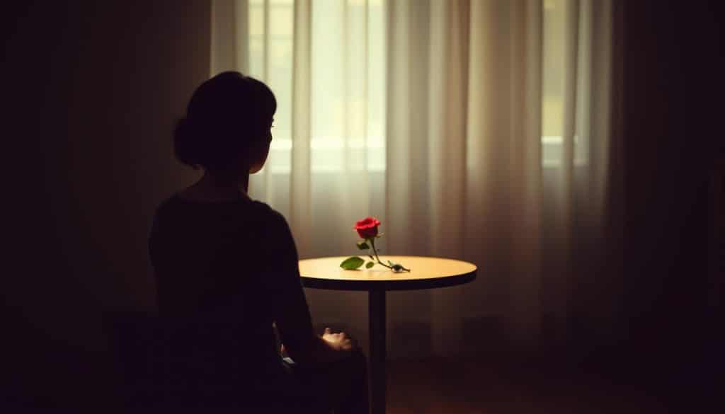 A serene, dimly lit room with a small, round table in the center. On the table, a single red rose symbolizing the delicate and thorny nature of dealing with narcissists. In the foreground, a person sits calmly, facing the camera with a contemplative expression, representing the need for self-awareness and emotional resilience when navigating narcissistic relationships. The background is softly blurred, creating a sense of introspection and focus. The lighting is warm and intimate, casting subtle shadows that add depth and dimension to the scene. An overall atmosphere of quiet contemplation, guiding the viewer towards effective strategies for managing interactions with narcissists.