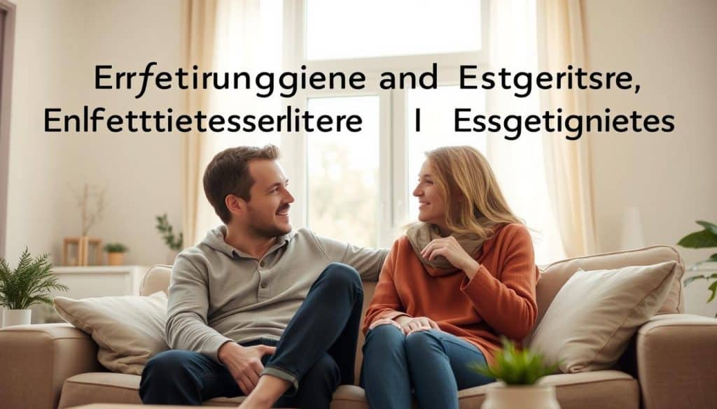 A serene domestic scene of two people - a man and a woman - sitting together on a comfortable couch, engaged in a warm, intimate conversation. The room is bathed in soft, natural lighting from a large window, creating a cozy and inviting atmosphere. The couple's expressions convey a sense of understanding, empowerment, and hope, reflecting the "Erfahrungsberichte und Erfolgsgeschichten" (personal accounts and success stories) of overcoming challenges in a relationship. The overall composition is balanced and harmonious, conveying a sense of optimism and resilience.