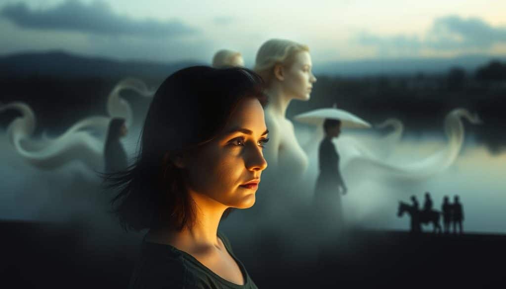 A serene, dreamlike scene depicting the distinction between fantasy and reality. In the foreground, a woman gazes pensively, her face illuminated by a soft, diffused light, suggesting an introspective mood. Behind her, the boundary between the tangible and the imaginary blurs, with hazy, ethereal figures emerging from swirling, semi-transparent shapes. The background features a subtly abstracted landscape, its details obscured, evoking a sense of the subconscious. The overall composition conveys a sense of contemplation, inviting the viewer to ponder the line between the conscious and the unconscious, the real and the imagined.