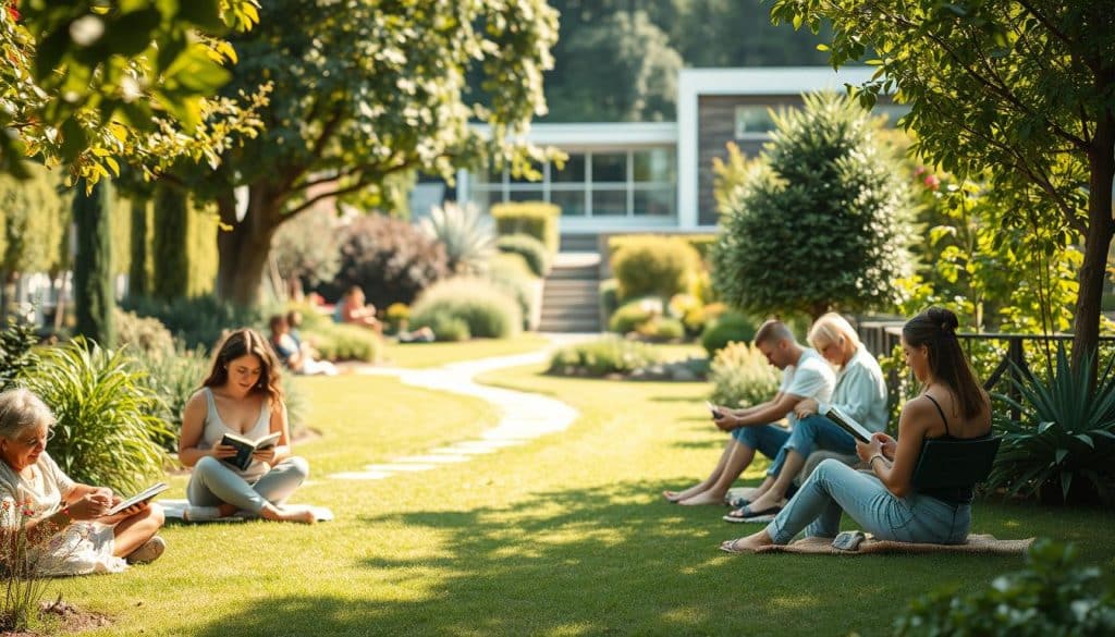 A serene garden setting on a sunny day, with soft, diffused lighting casting a warm glow. In the foreground, a group of people engaged in various solitary activities - reading, meditating, writing, or simply enjoying the tranquility of the space. They appear content and at peace, demonstrating alternative lifestyles and ways of finding fulfillment outside of traditional romantic relationships. The middle ground features lush, verdant foliage and a winding path, inviting the viewer to explore the scene further. In the background, a modern architectural structure stands, hinting at the integration of modern living with the natural world. The overall mood is one of contemplation, self-reflection, and the celebration of independent and unconventional life choices.