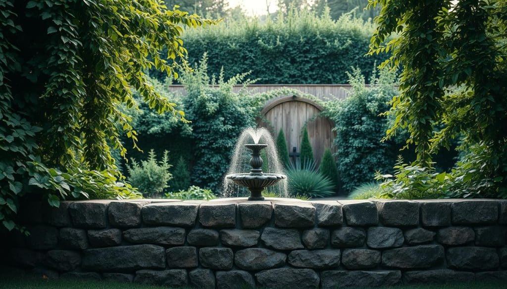 A serene garden, the tranquil backdrop for a visual metaphor of protection against narcissism. In the foreground, a sturdy stone wall, its weathered surface a symbol of resilience. Lush, verdant foliage cascades over the wall, creating a natural barrier that shields against the harsh glare of narcissistic behavior. The middle ground features a small, intricate fountain, its gentle flow a calming presence, representing the inner peace and self-reflection needed to navigate narcissistic dynamics. The soft, diffused lighting casts a warm, nurturing glow, evoking a sense of safety and self-care. Subtle, earthy tones and textures permeate the scene, conveying a grounded, anchored feeling that empowers the viewer to cultivate their own "Schutz vor Narzissmus."