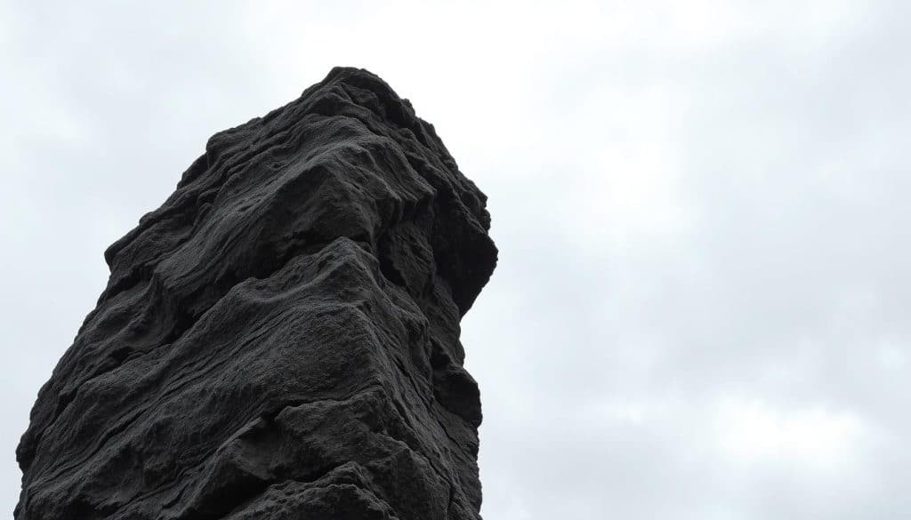 A serene grey rock formation, weathered by time, stands tall and resolute against a backdrop of a muted, overcast sky. The rocky surface is textured and rugged, with subtle hues of charcoal and slate. The image conveys a sense of steadfastness and tranquility, evocative of the "Grey Rock" method - a technique used to manage interactions with a narcissist during the "no contact" phase. The lighting is soft and diffused, creating a contemplative, almost meditative atmosphere. The camera angle is slightly elevated, allowing the viewer to observe the rock formation from a slightly detached, yet thoughtful perspective.