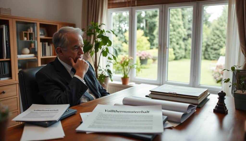 A serene home office interior, softly lit by a large window overlooking a lush garden. On a wooden desk, various official-looking documents are neatly arranged, including a document titled "Volljährigenunterhalt". A mature adult, dressed in professional attire, sits contemplatively, deep in thought about the financial obligations of caring for adult children. The atmosphere exudes a sense of responsibility and quiet contemplation, reflecting the gravity of the subject matter.