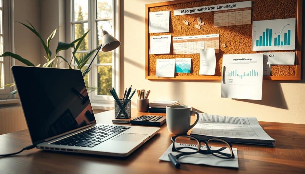 A serene home office with a neatly organized desk, showcasing a laptop, a pen holder, a calculator, and a stack of financial documents. Warm, natural lighting filters through large windows, casting a cozy glow over the scene. A cork board on the wall displays budget charts, retirement planning timelines, and other fiscal management tools. On the desk, a cup of steaming coffee sits next to a pair of reading glasses, signifying the focus and concentration required for long-term financial planning. The overall atmosphere conveys a sense of control, stability, and intentionality in managing one's financial future.