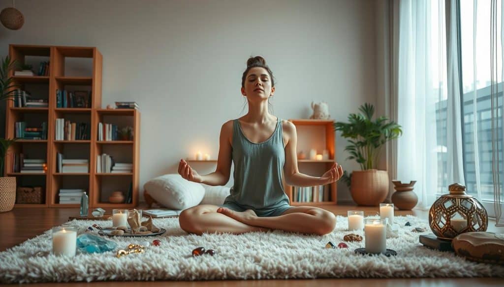 A serene indoor scene depicting the healing process after a separation. In the foreground, a person sits cross-legged on a soft, plush rug, eyes closed in meditation, surrounded by an array of crystals, candles, and other soothing elements. The middle ground features a warm, earthy-toned bookshelf with self-help books and journals, hinting at the reflective journey. In the background, a large window allows natural light to filter in, casting a gentle, glowing ambiance and a sense of openness and possibility. The overall atmosphere is one of tranquility, introspection, and the gradual mending of the heart.