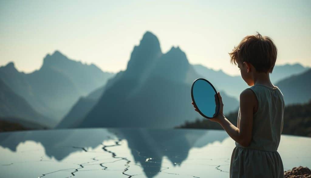 A serene landscape depicts the gradual development of narcissism. In the foreground, a young, self-absorbed figure gazes into a hand-held mirror, lost in contemplation of their own reflection. The middle ground features a cracked, reflective surface, symbolizing the fragility of the narcissistic self-image. In the distance, towering mountains rise, their jagged peaks casting long shadows across the scene, hinting at the underlying complexities and inner turmoil that can accompany narcissistic traits. The lighting is soft and diffused, creating a contemplative, almost melancholic atmosphere. The overall composition suggests the gradual, incremental nature of narcissistic development, from the initial self-fascination to the deeper psychological underpinnings.