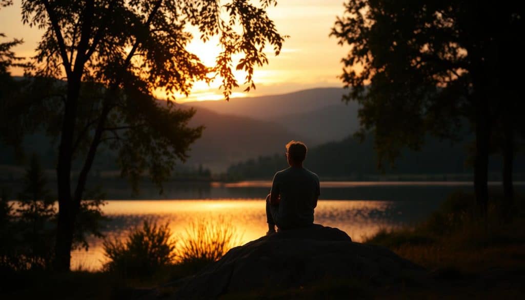 A serene landscape with a lone figure sitting on a rock, gazing pensively at a calming lake. Soft, warm lighting filters through the trees, casting a gentle glow. In the background, rolling hills and a vibrant sunset create a sense of tranquility. The figure's posture and expression convey a journey of emotional healing, the process of moving forward after a difficult separation. The overall scene evokes a sense of peace, introspection, and the gradual restoration of inner balance.