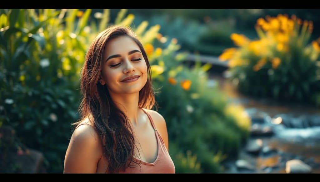 A serene landscape with a woman in the foreground, her eyes closed and a soft smile on her face, as she meditates in a peaceful garden. The background features lush, vibrant greenery and a soothing stream, creating an atmosphere of tranquility and emotional balance. Warm, natural lighting illuminates the scene, casting a calming glow. The composition is balanced, with the woman's pose and the natural elements working together to convey a sense of inner peace and self-reflection. The overall tone is one of introspection and personal growth, reflecting the theme of strengthening one's self-worth after a challenging relationship.