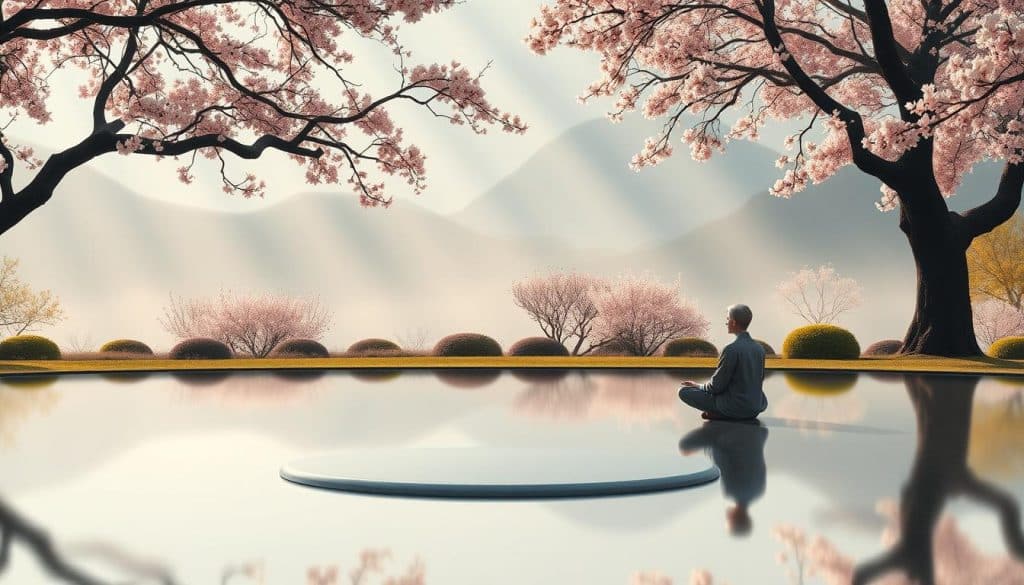 A serene meditative garden, with a smooth reflecting pond at the center. Beams of warm sunlight filter through swaying cherry blossom trees, casting a soft glow over the scene. In the foreground, two figures sit cross-legged facing each other, deep in thoughtful dialogue, their expressions peaceful and resolute. The background fades into misty mountains, suggesting a sense of tranquility and harmony. The overall atmosphere evokes a profound sense of Konfliktlösung - the resolution of conflict through mindful contemplation and mutual understanding.