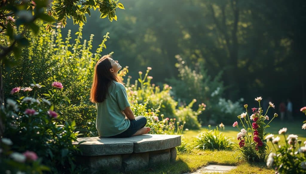 A serene, sun-dappled garden, with a stone bench nestled amidst lush greenery and blooming flowers. A person, their face turned towards the sky, sits in quiet contemplation, a sense of renewal and hope radiating from their posture. Soft, diffused lighting casts a warm, gentle glow, creating an atmosphere of tranquility and introspection. The scene evokes a feeling of a new beginning, a fresh start after a period of difficulty, with the garden symbolizing the potential for growth and healing. The overall composition is balanced and harmonious, drawing the viewer's attention to the central figure and their journey of self-discovery.