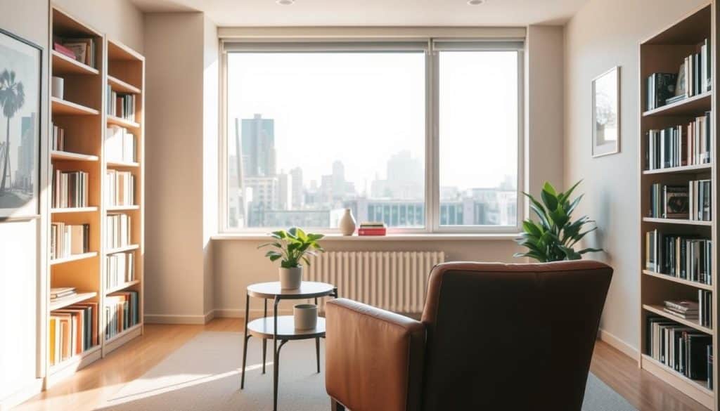 A serene, well-lit therapy office with warm neutral tones. In the foreground, a comfortable leather armchair and small side table with a plant, creating an inviting atmosphere. In the middle ground, a large window overlooking a peaceful urban landscape, natural light streaming in. Bookshelves line the walls, exuding an air of professionalism and knowledge. The overall mood is contemplative, soothing, and conducive to open, introspective conversation. The scene evokes a safe, nurturing space for personal growth and emotional healing.