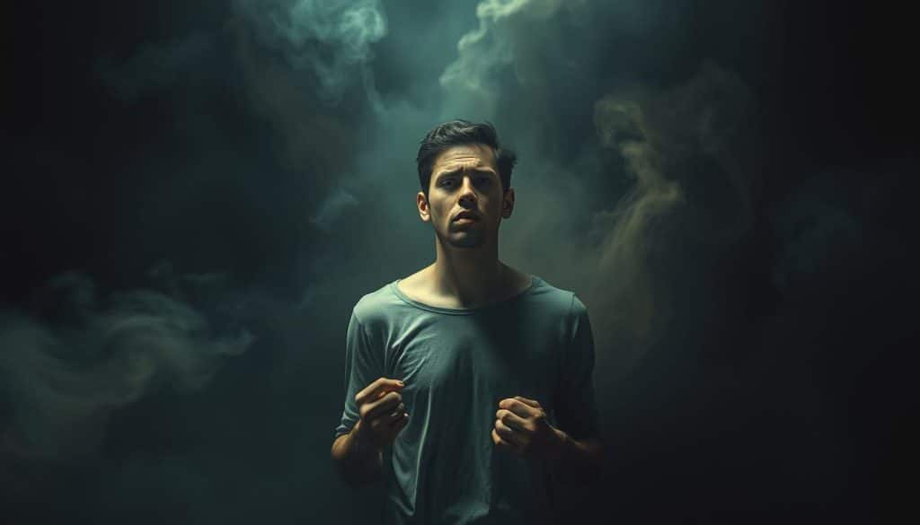 A solitary figure, bathed in muted, emotional lighting, stands amidst a sea of swirling, abstract shapes and hues. Hints of anguish and turmoil are etched upon the subject's face, conveying the tumultuous aftermath of a narcissistic affair. The composition is tightly framed, creating an intimate, introspective atmosphere, as if inviting the viewer to empathize with the subject's inner turmoil. Soft, atmospheric shadows and muted tones lend a sense of melancholy, while subtle details like clenched fists or a pensive gaze suggest the complex emotional landscape. The overall mood is one of vulnerability, loss, and the weight of emotional consequences.