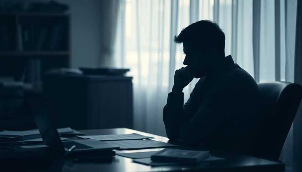 A somber and pensive scene depicting a worried adult figure, likely a parent, sitting at a desk and contemplating the complex relationship between child support payments and social welfare benefits. The scene is bathed in a soft, muted light, creating an atmosphere of contemplation and concern. The desk is cluttered with documents and a laptop, hinting at the administrative and bureaucratic nature of the subject matter. The figure's posture and facial expression convey the weight of the decision-making process. The background is intentionally blurred, keeping the focus on the individual's internal struggle. Overall, the image aims to visually represent the challenging intersection of child support obligations and social assistance programs.