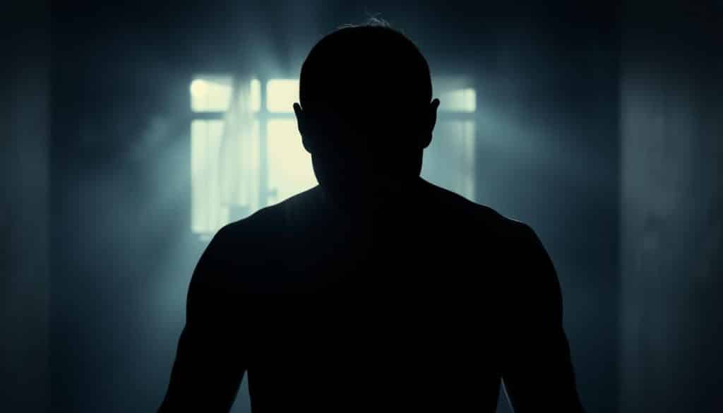 A somber figure, shoulders hunched, stands in a dimly lit room, the shadows casting an air of guilt and melancholy. The figure's face is obscured, reflecting the burden of "Schuldgefühle" - a deep sense of shame and remorse that weighs heavily upon the mind. The background is hazy, with muted colors and a sense of claustrophobia, emphasizing the oppressive nature of these emotional burdens. Soft, dramatic lighting casts long shadows, creating a moody, introspective atmosphere. The composition is balanced, with the figure positioned centrally, drawing the viewer's eye to the core of this internal struggle.