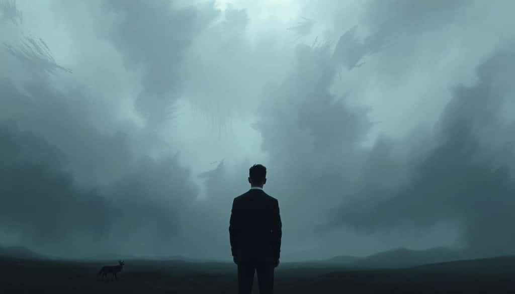 A somber, introspective scene of a person standing alone, shoulders hunched, amidst a swirling, ethereal landscape. The foreground depicts the figure's pensive expression, conveying the emotional weight of toxic relationship experiences. The middle ground features a muted color palette of grays, blues, and purples, creating an atmospheric, melancholic tone. In the background, abstract shapes and distorted forms suggest the lingering psychological impact and sense of displacement. Soft, diffused lighting casts a contemplative glow, while a shallow depth of field focuses the viewer's attention on the subject's introspective stance. An evocative, painterly interpretation that captures the complex emotions and aftermath of toxic relationships.