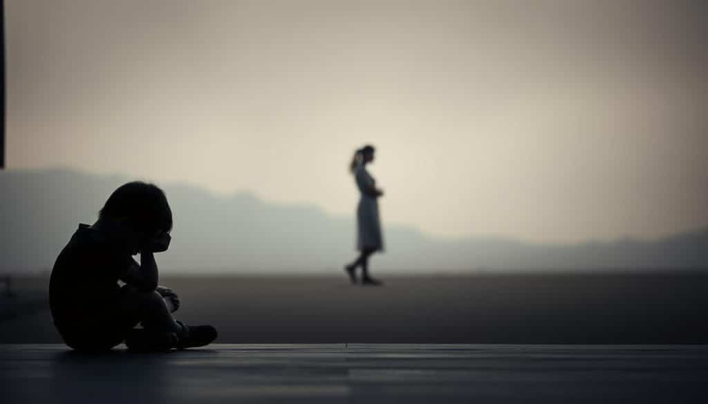 A somber, wistful scene depicting the long-term consequences of parental divorce on children. In the foreground, a young child sits alone, their head bowed in contemplation, their body language conveying a sense of melancholy and unease. The mid-ground reveals the distant, silhouetted figures of the child's parents, standing apart, their postures indicating a strained, strained relationship. The background is hazy, with muted colors and a sense of emotional distance, emphasizing the isolation and uncertainty the child faces. Soft, diffused lighting casts a bittersweet glow, capturing the weight of the situation. The composition is balanced, with a sense of depth and perspective, guiding the viewer's eye through the layers of the image. An evocative, emotive scene that encapsulates the long-lasting impact of parental separation on a child's well-being.