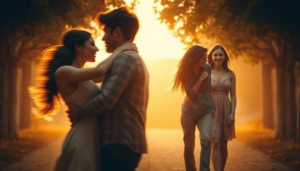 A split-screen comparison of two contrasting romantic relationships. In the foreground, a rebound relationship is depicted with a couple locked in a passionate embrace, their movements blurred to convey the fleeting, impulsive nature of their connection. In the background, a more stable, committed "monkey branching" relationship is shown, the partners calmly walking side by side, their expressions calm and confident. The scene is bathed in warm, golden lighting, creating a sense of intimacy and introspection. The composition emphasizes the duality and tension between the two relationship dynamics. Realistic, cinematic style with a focus on subtle body language and facial expressions to evoke the emotional subtext.