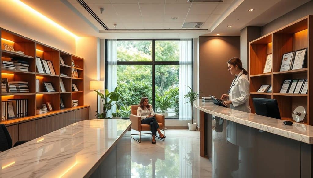 A striking medical office interior with a marble-topped reception desk and warm lighting that casts a cozy glow. In the foreground, a woman in a crisp, white coat stands at the desk, gesturing to a patient seated in a comfortable armchair. Shelves of medical files and certificates line the walls, conveying the expertise and professionalism of the clinic. The mid-ground features a window with a view of a lush, green garden, suggesting a tranquil, healing environment. The background showcases modern, minimalist decor with clean lines and neutral tones, creating a sense of modern, efficient healthcare. The overall scene evokes a sense of trust, care, and the patients' right to choose their treatment facility.