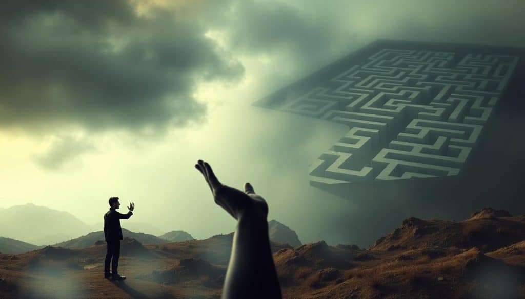 A surreal, psychological landscape depicting the mechanisms of "Schuldverschiebung" (blame shifting). In the foreground, a shadowy figure grasps at thin air, symbolizing the act of deflecting responsibility. The middle ground features a warped, fragmented mirror, reflecting a distorted self-image. In the distance, a maze-like structure of twisting paths and dead ends, representing the convoluted mental processes underlying this defense mechanism. Soft, diffused lighting casts an ominous, dreamlike atmosphere, adding to the sense of internal turmoil. The overall composition conveys the subconscious and often unintentional nature of blame shifting behavior.