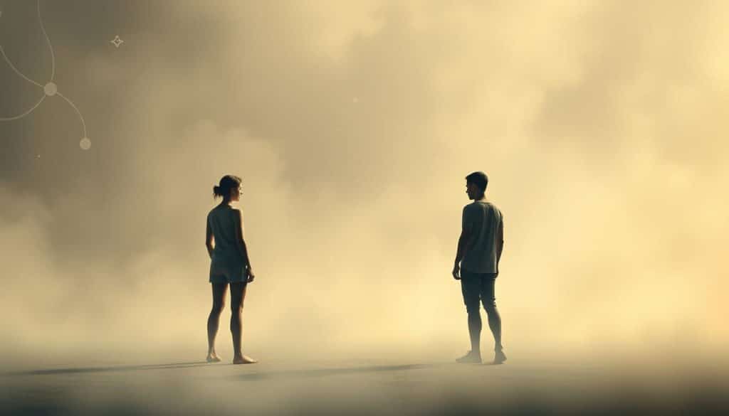 A surreal scene depicting the common misunderstandings about platonic love. In the foreground, two figures stand apart, their bodies slightly turned inward, conveying a sense of emotional distance and miscommunication. Soft, diffused lighting casts gentle shadows, creating an atmosphere of introspection. The middle ground features abstract, dreamlike elements representing the intangible nature of platonic relationships, such as intertwining lines, pastel shapes, and subtle symbolism. The background is hazy and atmospheric, with muted colors and a lack of definitive borders, suggesting the ambiguity and nuance inherent in the concept of platonic love.