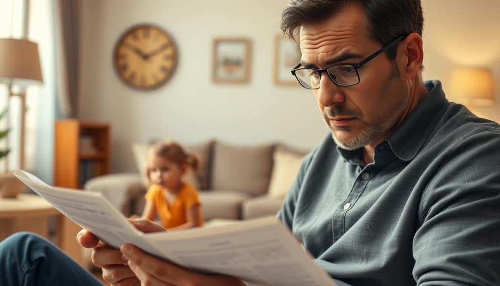 A thoughtful, well-composed scene depicting a family's child support obligations. In the foreground, a concerned father reviewing financial documents, his expression pensive as he calculates the costs of raising multiple children. The middle ground shows two children, a boy and a girl, playing happily together, unaware of the adult concerns. The background softly blurs into a cozy domestic setting - a warm, inviting living room with gentle lighting and soothing earth tones. The overall mood is one of care and responsibility, with an undertone of familial love and contentment despite the complexities of the situation. Rendered with a realistic, painterly aesthetic using a medium-wide camera angle to capture the full emotional dynamic.