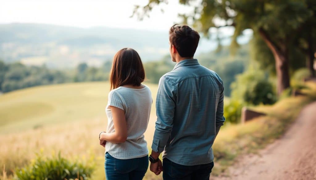 A tranquil couple standing together, hands intertwined, gazing at the horizon. Soft, warm lighting casts a gentle glow, highlighting their connection. In the background, a lush, verdant landscape stretches out, symbolizing the nurturing, growth-filled environment of their partnership. The atmosphere is one of serenity, understanding, and a shared sense of purpose, conveying the importance of common goals and mutual support in a thriving relationship. The image is captured with a medium-wide lens, allowing the viewer to feel immersed in the scene, a witness to the couple's intimacy and unity.