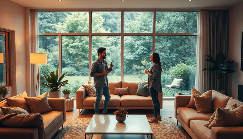 A vibrant, modern living room setting, bathed in warm, cozy lighting. In the foreground, two people, a man and a woman, are engaged in animated conversation, their body language suggesting a budding new connection. The middle ground features stylish, minimalist furnishings, with a sleek coffee table and plush, inviting seating. In the background, large windows offer a view of a lush, verdant outdoor scene, creating a sense of tranquility and possibility. The overall atmosphere is one of optimism, intimacy, and the promise of new beginnings.