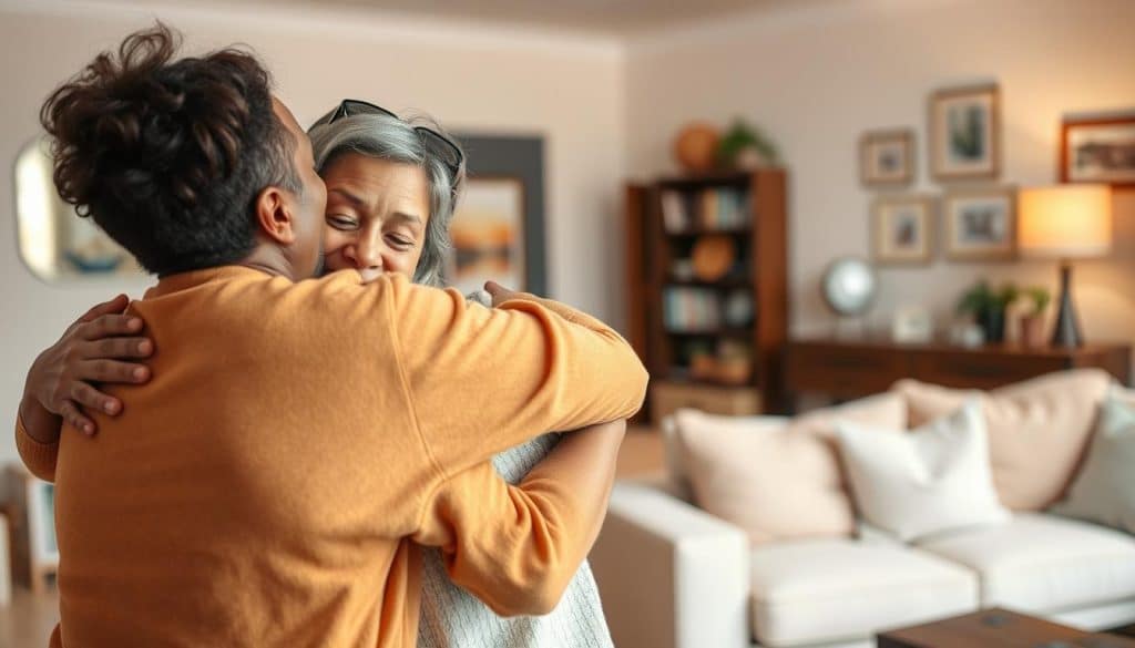 A warm, comforting scene of emotional support. In the foreground, two friends embracing, their faces reflecting deep empathy and care. The middle ground shows a cozy, inviting living room with soft lighting, plush furnishings, and personal mementos - a sanctuary of understanding. The background suggests a tranquil, domestic setting, perhaps a suburban home, with gentle hues and a sense of safety. The overall atmosphere conveys acceptance, compassion, and the healing power of human connection during a time of personal difficulty.