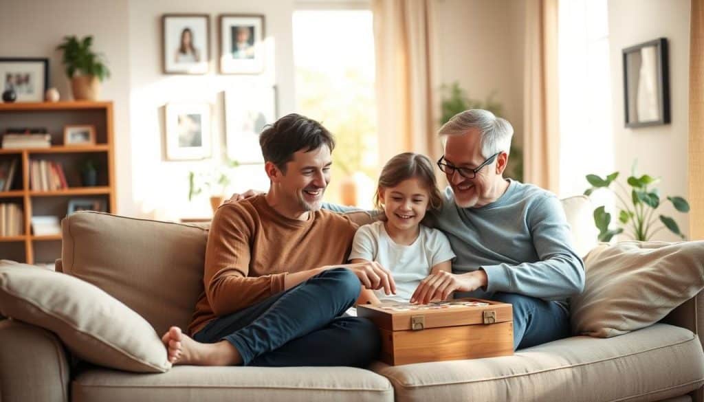 A warm, inviting family scene set in a cozy, sun-dappled living room. In the foreground, a group of three - a parent, child, and stepparent - sitting together on a plush sofa, engaged in a board game or shared activity, their faces alight with joy and connection. The middle ground features framed family photos, a bookshelf, and a potted plant, creating a lived-in, personal atmosphere. The background is softly blurred, suggesting a peaceful, secluded setting conducive to quality time and bonding. The lighting is soft and natural, casting a gentle glow over the scene. Overall, the image conveys a sense of established rituals, traditions, and an atmosphere of trust, comfort, and belonging within this blended family unit.
