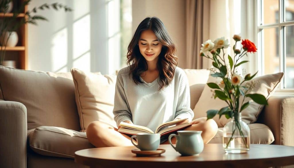 A warm, inviting living room in soft hues of beige and sage. A woman sits cross-legged on a plush sofa, immersed in a book, her face serene and content. Natural light filters in through a large window, casting a gentle glow on her features. On the coffee table, a steaming mug of tea and a vase of freshly picked flowers, symbols of self-care and mindful introspection. The atmosphere is one of tranquility and self-reflection, a sanctuary for healing and personal growth in the aftermath of a difficult separation.