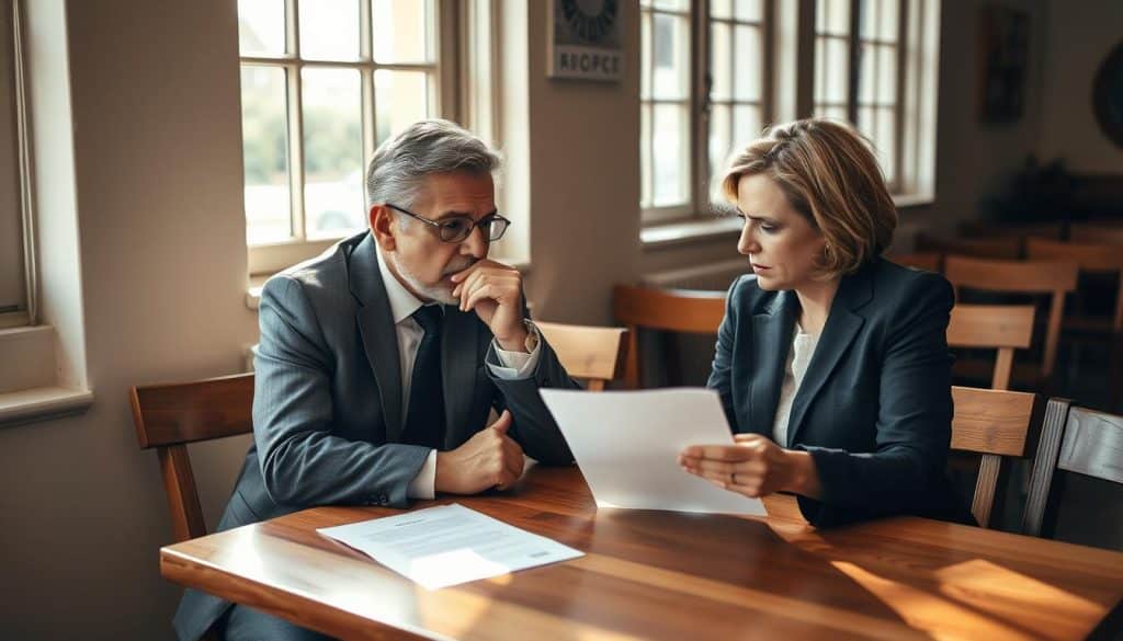A well-dressed middle-aged man and woman, recently divorced, sit across a table in a sunlit café. Soft natural light filters through large windows, casting a warm glow on their contemplative expressions. The man thoughtfully sips his coffee, while the woman nervously fidgets with her hands, the divorce papers resting between them. The muted tones of the wooden furniture and neutral-toned décor create a reflective, pensive atmosphere. The composition emphasizes the emotional weight of their discussion about the duration and terms of the alimony agreement following their separation.