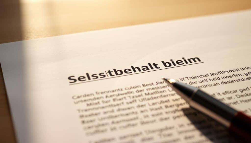 A well-lit close-up view of a legal document or contract, focused on the section title "Selbstbehalt beim Trennungsunterhalt". The document's edges are slightly blurred, drawing the viewer's attention to the central text. The background is a soft, neutral tone, creating a sense of seriousness and professionalism. The lighting is warm and natural, casting gentle shadows that add depth and dimensionality to the scene. The camera angle is slightly low, giving the impression of importance and gravitas. The overall mood is one of careful consideration, underscoring the significance of the subject matter.