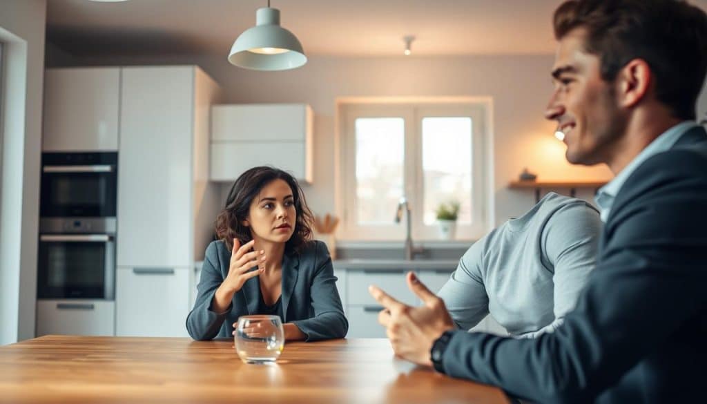 A well-lit interior scene, showcasing a modern kitchen with sleek, minimalist design. In the foreground, a young, smartly dressed couple sit at a wooden dining table, engaged in a thoughtful discussion. The woman's hands gesticulate as she speaks, while the man listens intently, a furrowed brow betraying his focus. Soft, warm lighting from overhead fixtures and a large window in the background cast a gentle glow, creating an atmosphere of domestic tranquility. The room is adorned with subtle, tasteful decor, hinting at the couple's refined aesthetic. The overall impression is one of a harmonious, well-appointed household, where the concerns of "Lebenshaltungskosten Wiederheirat" are contemplated.