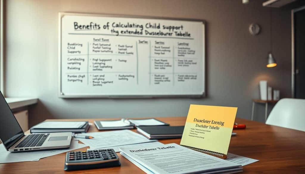 A well-lit office interior with a desk, laptop, and various legal documents scattered across the surface. In the foreground, a financial calculator and a copy of the "Düsseldorfer Tabelle" booklet. The background features a wall-mounted whiteboard displaying a breakdown of the benefits of calculating child support using the extended Düsseldorfer Tabelle, with key points highlighted in a professional, infographic-style layout. Soft, warm lighting creates a contemplative atmosphere, hinting at the advantages of this method for determining higher-income child support payments.