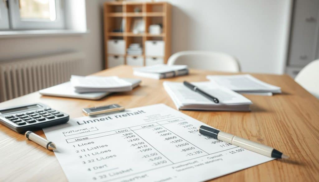 A well-lit, realistic scene of a hand-drawn financial chart on a wooden table, with a pen, calculator, and a legal document titled "Unterhalt" (German for "Alimony") in the foreground. The chart displays various numerical calculations and annotations, conveying the practical aspects of alimony calculations. In the middle ground, a laptop and a stack of papers suggest an active review of the financial details. The background features a minimalist office setting, with a simple bookshelf and a window providing natural lighting, creating a calm and professional atmosphere suitable for the legal and financial subject matter.