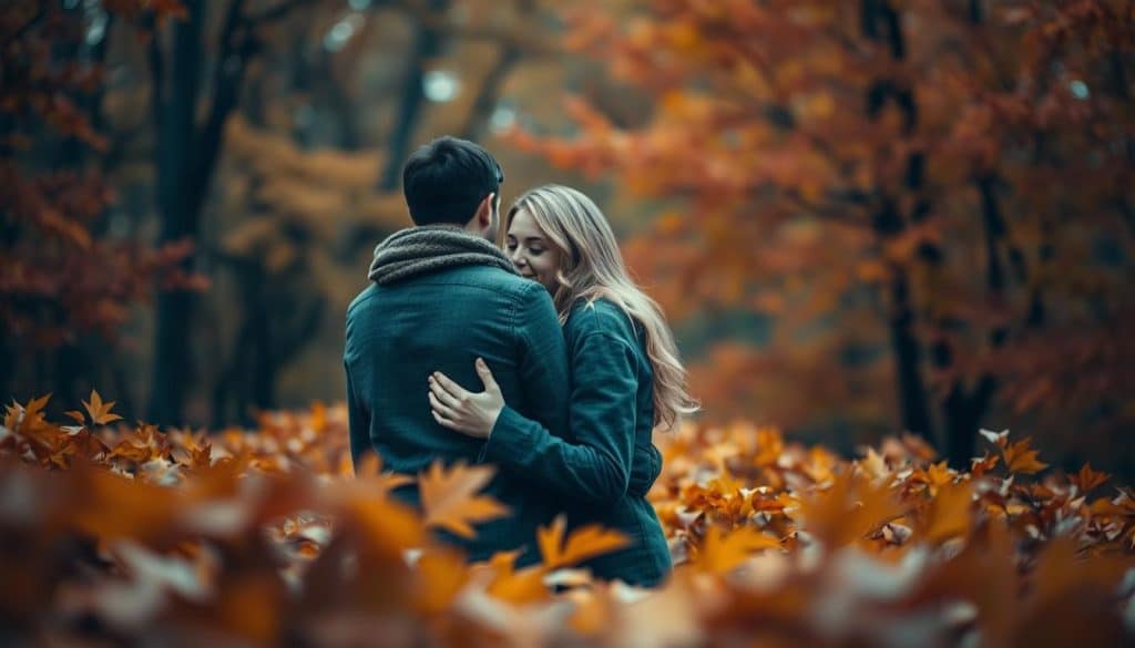 A wistful, pensive scene of a couple embracing amidst a sea of vibrant autumn leaves, their tender reunion tinged with a hint of uncertainty. Soft, muted lighting casts a warm, introspective glow, as they navigate the delicate balance between the comfort of familiarity and the weight of past wounds. In the background, a metaphorical forest of possibilities, hinting at the complexities and risks of these rebound relationships. Captured with a shallow depth of field, the focus draws the viewer into this intimate, bittersweet moment, reflecting the intricate emotional landscape of recovering from a breakup.