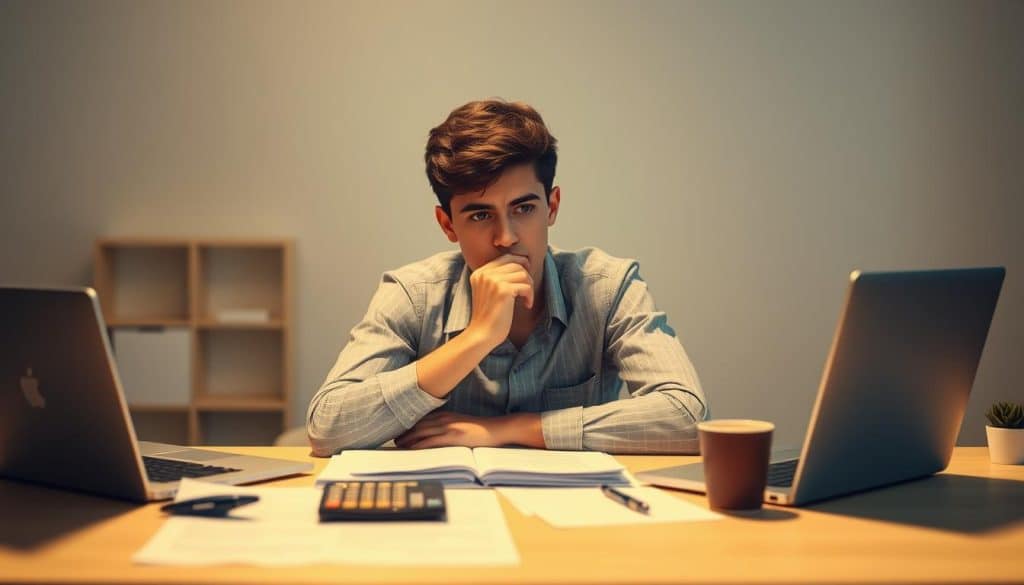 A young adult sitting at a desk, deep in thought, surrounded by financial documents and a calculator. The lighting is soft and warm, creating a contemplative atmosphere. The desk is meticulously organized, with a laptop, a cup of coffee, and a pen resting on top. The background is blurred, focusing the viewer's attention on the subject's pensive expression as they grapple with the complexities of maintaining financial independence after reaching legal adulthood.