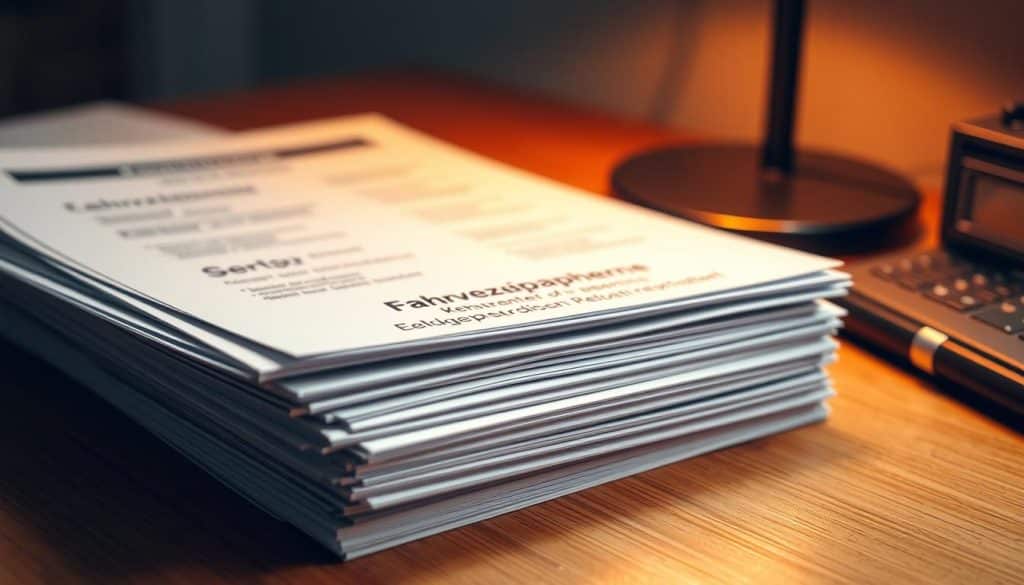 An official stack of German vehicle registration documents, neatly organized on a wooden desk under warm, directional lighting. The documents are crisp and well-maintained, conveying a sense of importance and legality. The background is slightly blurred, placing the focus on the papers, which occupy the center of the frame. The overall mood is one of seriousness and attention to detail, reflecting the significance of the "Fahrzeugpapiere" in the context of a relationship separation.
