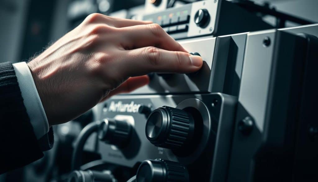 Detailed close-up of a hand adjusting knobs and dials on a complex mechanical device, representing the concept of "Selbstbehalt Anpassung". The device has a sleek, industrial design with a metallic finish. Soft, directional lighting illuminates the hand and the intricate controls, casting shadows that add depth and dimensionality. The background is out of focus, blurred to emphasize the subject. The overall mood is one of precision, control, and the careful management of a technical system. The image conveys a sense of thoughtful, deliberate adjustment to address changing circumstances or requirements.
