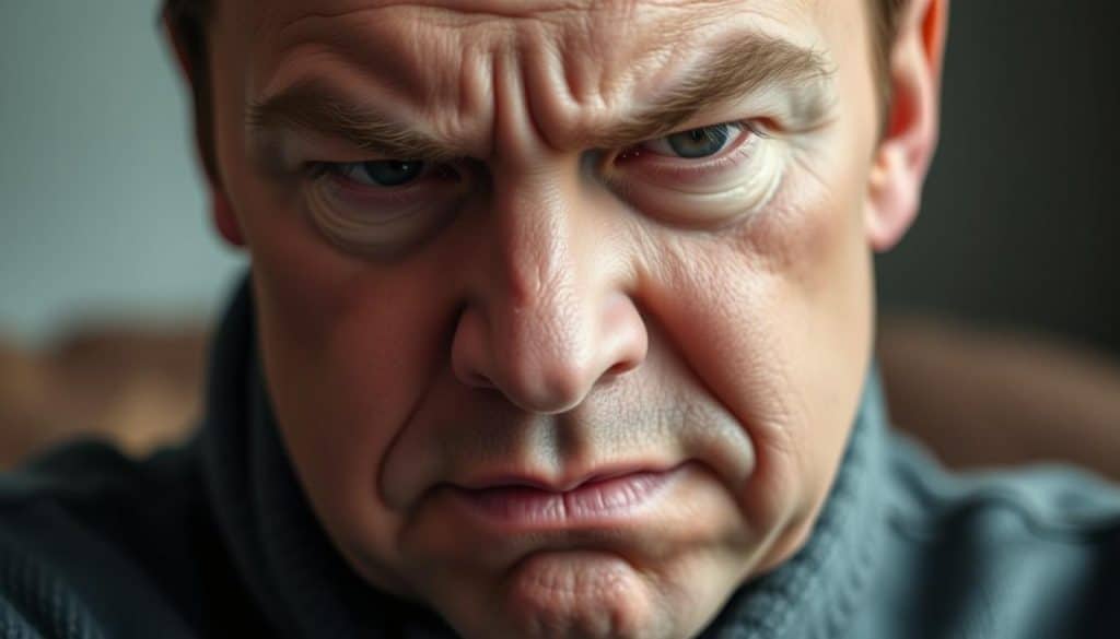 Detailed close-up of a person's face, portraying a wary, cautious expression. The subject's eyes are narrowed, brow furrowed, and lips pressed into a tight line, suggesting a guarded demeanor. Soft, diffused lighting illuminates the features, casting subtle shadows that accentuate the subject's pensive mood. The background is blurred, keeping the focus on the person's face and conveying a sense of introspection and wariness. The image evokes the idea of navigating the complexities of dealing with a narcissist, with the subject's expression hinting at the caution and vigilance required in such a situation.