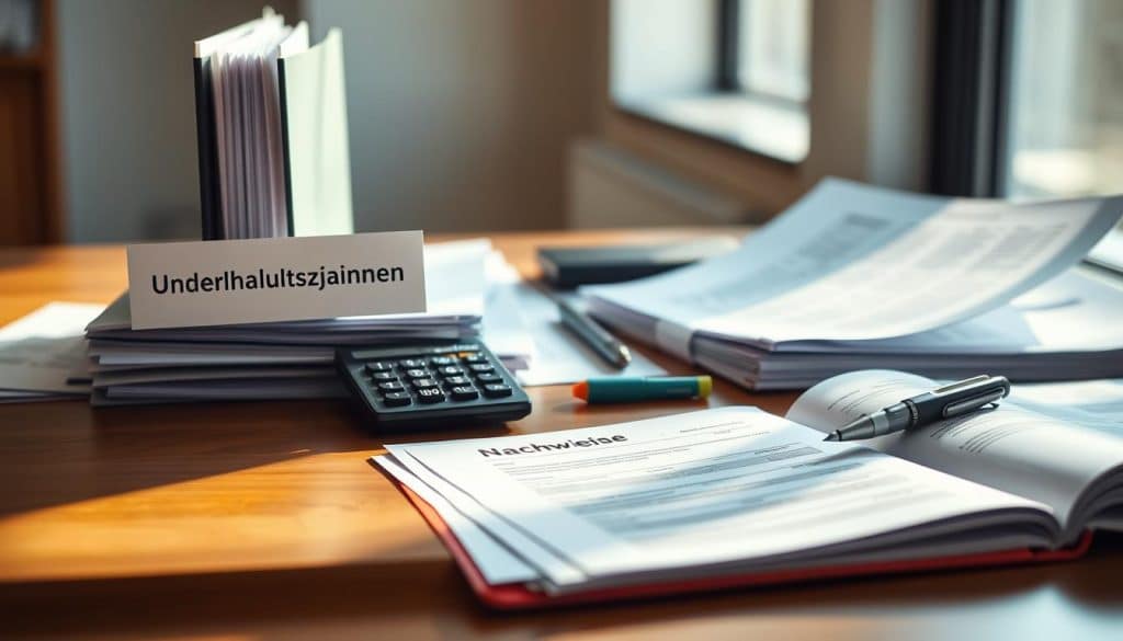 Detailed financial documents arranged neatly on a wooden desk, with a warm, natural lighting creating soft shadows. In the foreground, folders labeled "Unterhaltszahlungen" and "Nachweise" stand upright, displaying their contents. In the middle ground, a calculator, pen, and highlighter provide tools for careful examination. The background features a subtly blurred window, hinting at the professional office setting. The overall composition conveys a sense of organization, attention to detail, and the importance of properly documenting financial records.