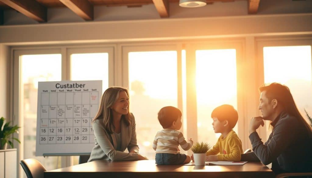 Erfolgskriterien: a thoughtful composition depicting the key indicators of a successful shared parenting arrangement. In the foreground, a family gathered around a table, engaging in open discussion, their expressions reflecting mutual understanding and compromise. In the middle ground, a calendar with specific custody schedules marked, symbolizing the organized structure. The background features warm, natural lighting filtering through large windows, creating an atmosphere of serenity and balance. The scene conveys a sense of harmony, where the well-being of the child takes precedence, and both parents work collaboratively to navigate the complexities of co-parenting.