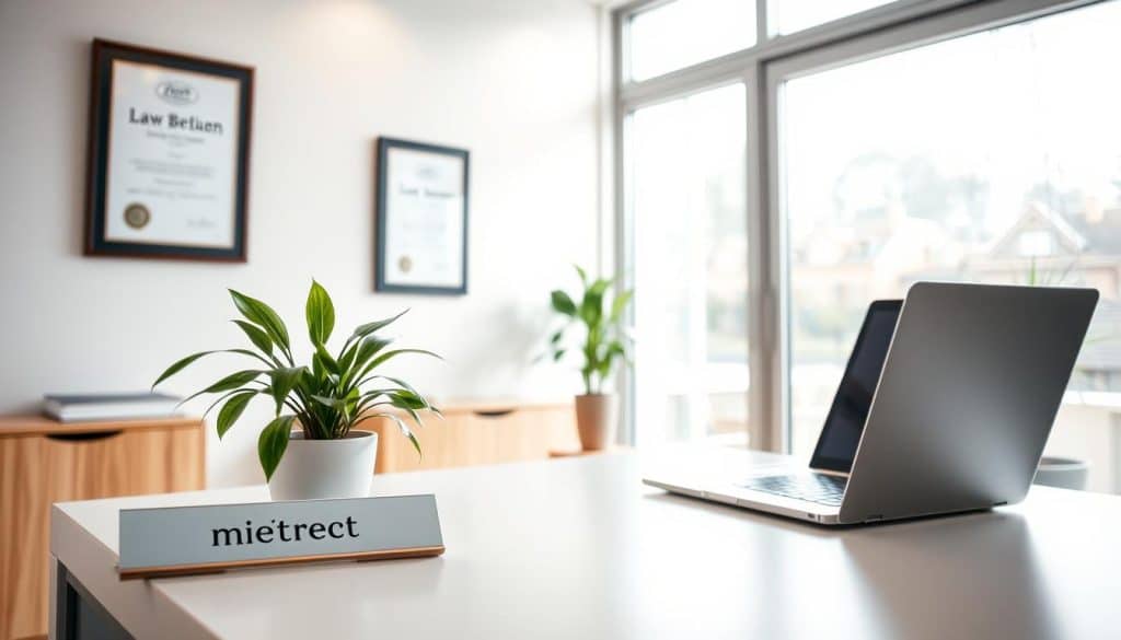 Prompt A modern, well-lit law office interior, with a desk featuring a potted plant, a laptop, and a name plate that reads "Mietrecht Beratung". The office has large windows, allowing natural light to fill the space. On the wall, there is a framed certificate or diploma, indicating the expertise of the lawyer. The overall atmosphere is professional and inviting, conveying the trustworthiness and competence of the legal consultation service.